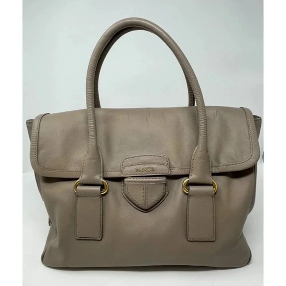 Prada Pattina Satchel Saffiano Leather Medium Bag Purse Taupe - Picture 1 of 15